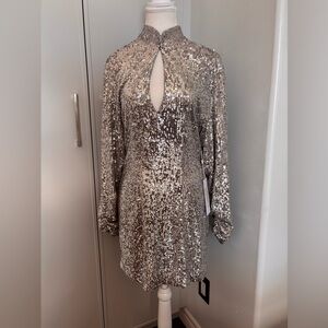 Ronny Kobo Collection Silver Sequin Long Sleeve Dress